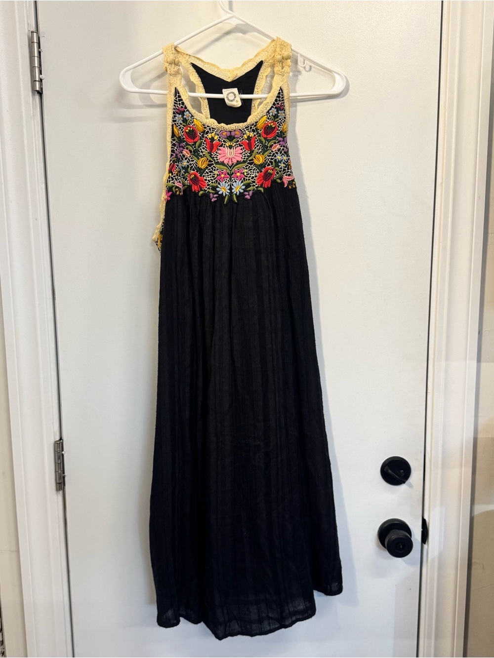 Anthropologie Bohemian Black Maxi Dress with Yellow Crochet & Floral Embroidery
